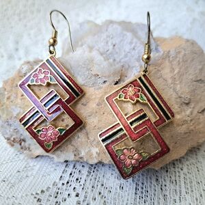 Vintage Cloisonńe Enameled Geometric & Floral Dangle Drop Earrings